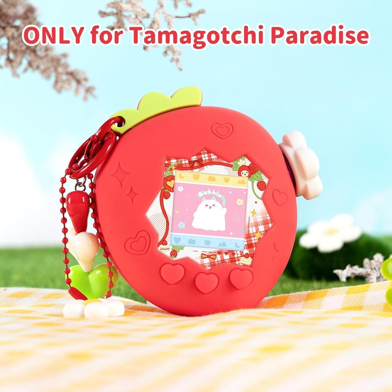 BUBBLELOGUS Strawberry Bubble Protective Case for Tamagotchi Paradise, Soft TPU Silicone Cover with Faceplate, Flower Shaped Zoom Dial Cap & Charms Set, Anti-Scratch & Waterproof (Red) - Image 2